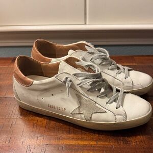 Golden Goose White Leather Low-Top Sneakers with Tan Heel Tab